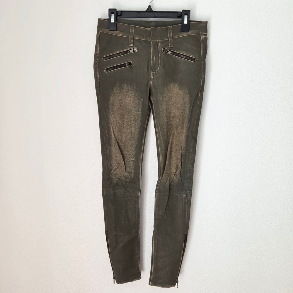 Rag & Bone Distressed Olive Green Moto Skinny Pants Ankle Zip Size 27